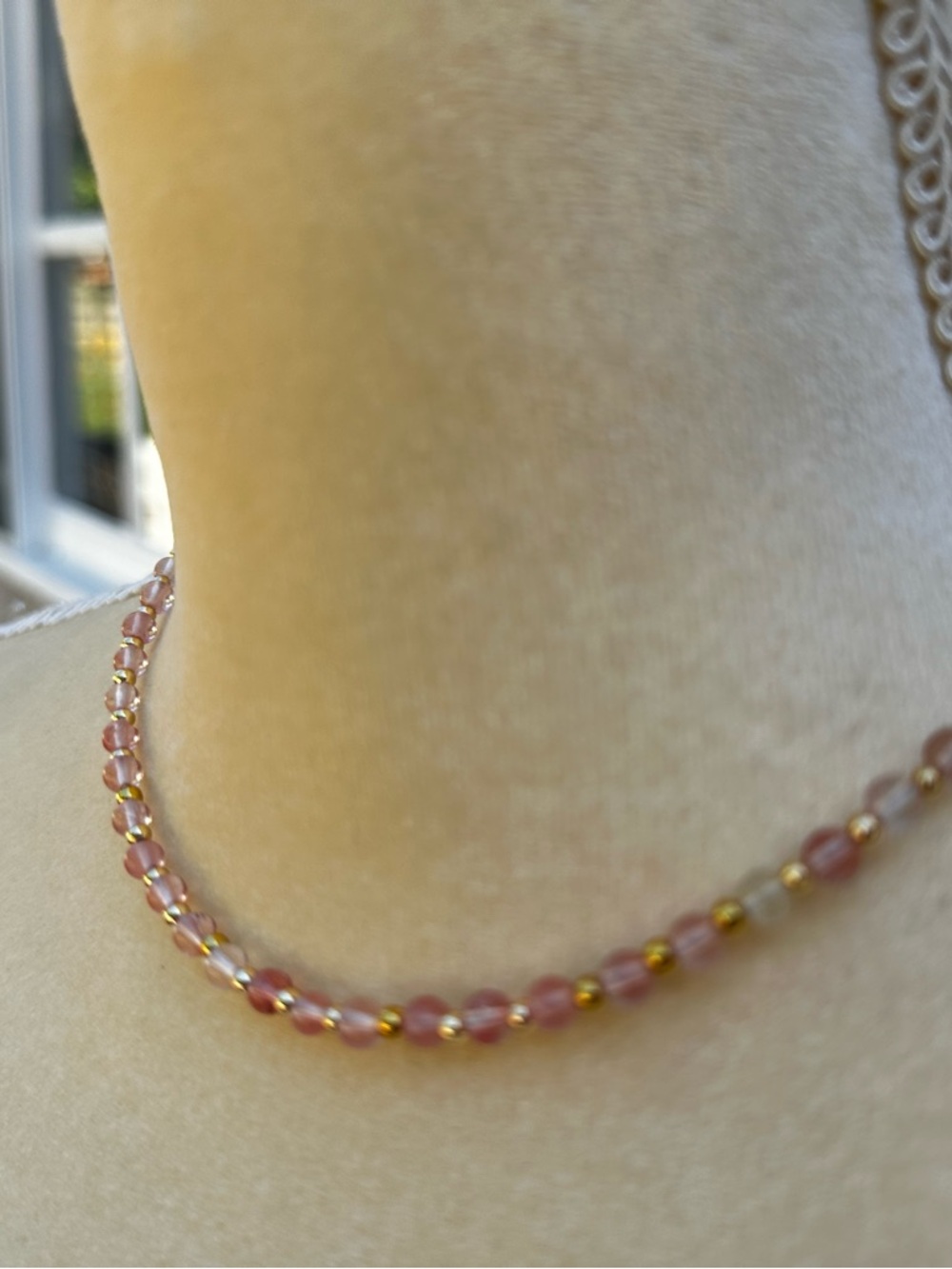 Hand Crafted Pink Beaded Necklace with Gold Accents